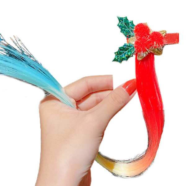 Lasten tyttöjen jouluhiuslisävarusteet Glitter Cartoon Elk Santa Ombre Punotut Kiharat Peruukki Jatke Barrette Clip Bow Ponytail Clip Tie