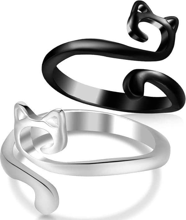 2 stk. hæklede ringe til fingergarnstyring og spændingsringe Sort og sølv katteører design passende