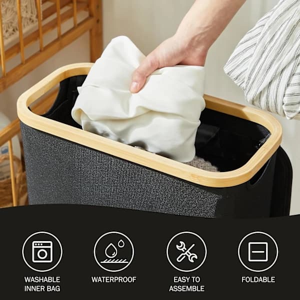 HA~Laundry basket with lid, 48 liters, large with laundry bag, foldable laundry baskets with handles, bamboo laundry basket, black