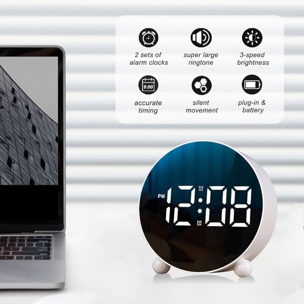 Digital Alarm Clock, Round LED Display, Dual Style, 3-Level Brightness, Silent, Black [Ho]