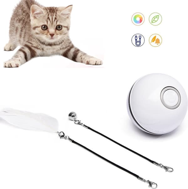 Smart vit interaktiv selvrullende kattebold – 7 lysdioder, inkluderer USB-kabel, fjer, klokke