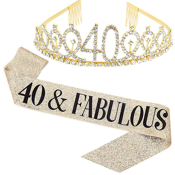 40 And Fabulous Sash Rhinestone Tiara Set - 40-årsdagspresenter Födelsedagssash För Kvinnor Födelsedagsfesttillbehör (Guldglitter Med Svart Text)40 40
