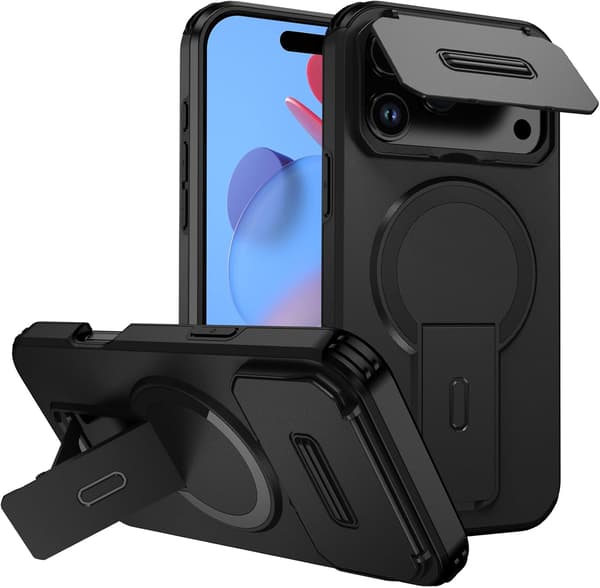 Compatible with iPhone 17, Built-in Phone Stand, Sliding Camera Cover, Magnetic Drop-Proof Phone Case, Black