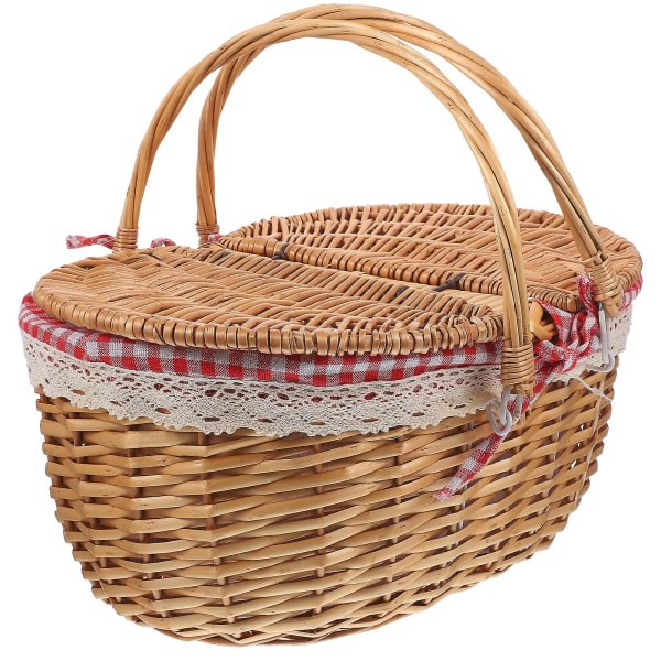 Picnic Kurv Med Håndtag Og Låg Flettet Kurv Rustik Opbevaringskurv 35X25X17CM 35X25X17CM