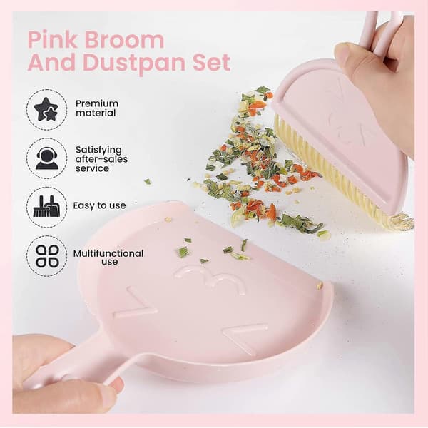 Mini Dustpan and Brush, Pink Broom and Dustpan Set, Portable Cleaning Brush and Dustpan Combo, Flexible Edge