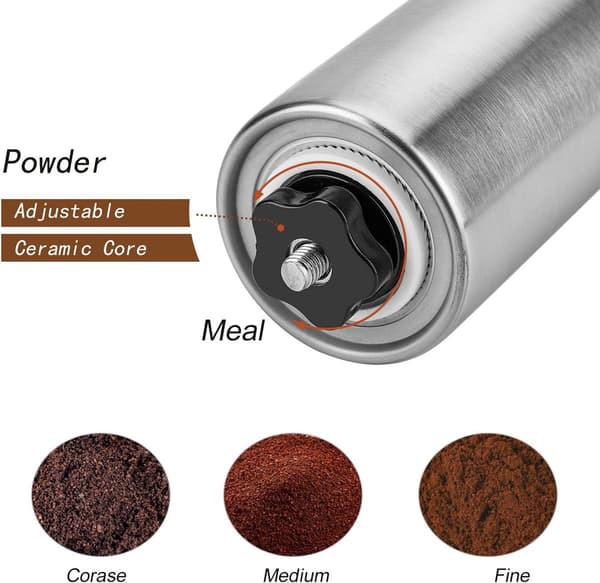 Manual Stainless Steel Coffee Grinder with Adjustable Ceramic Conical Burrs, Compact Portable for Home, Office, Travel, Silver