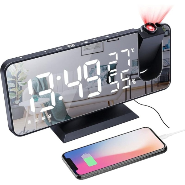 Projektionsväckarklocka för sovrum, digital väckarklocka med USB-laddare, 7,4 tum stor LED-spegeldisplay radioväckarklocka, svart