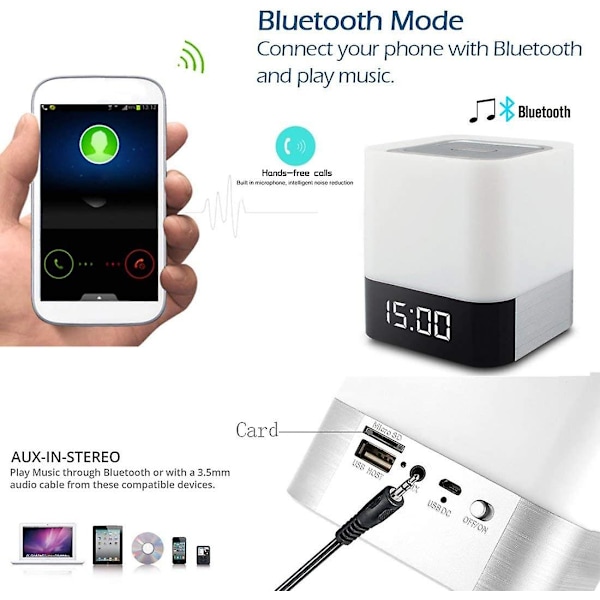 Laderbar vekkerklokke nattlampe, Bluetooth-høyttaler nattlys for barn, Bluetooth-høyttaler LED-lys for gave tenåringsjenter gutter