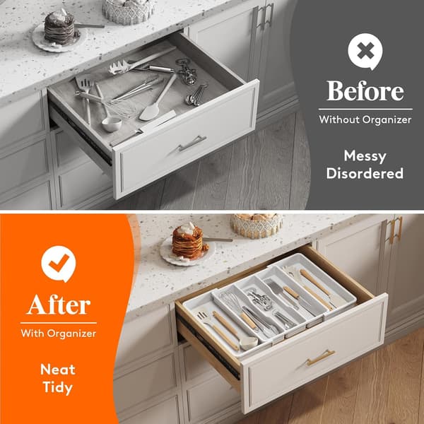Cutlery Drawer Organizer, Extendable Large Cutlery Tray for Large Kitchen, White white