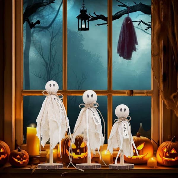 3-pack Wooden Ghost Decoration - Halloween Decoration Rustic Figures for Shelf, Table & Ghost Party_OF