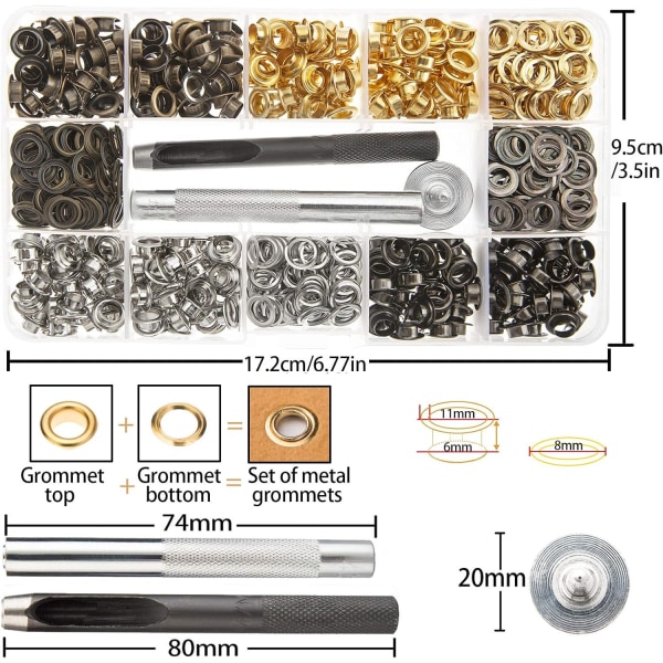 4 Färger Öglor Kit 400 Set 1/4 Tum, Metallöglor med 3 Stycken Installationsverktyg för Hantverk, Reparation och Dekoration