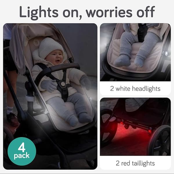 LED Stroller Lights (4-pack) - Universal with 5 Light Modes (Constant/Pulse/Strobe), Stroller and Bicycle Lights Front and Rear Clip-On Bicycle Light Set White White
