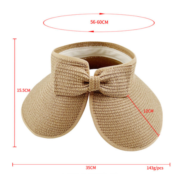 Strandhatt i strå for kvinner med bred brem, visir, flettet brem, sommer, sammenleggbar, pustende, anti-UV (Khaki farge)
