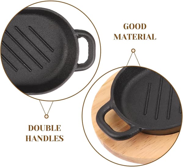 Cast Iron Sizzling Plate with Wooden Serving Tray, Double Handle Grill Pan