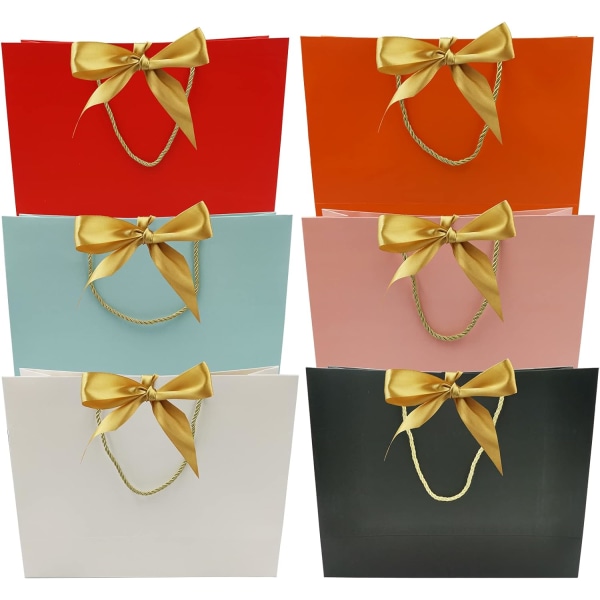 6 stycken presentpåsar festpåsar 32 x 25 x 11 cm, papperspresentpåsar med handtag och fluga för presentinslagning