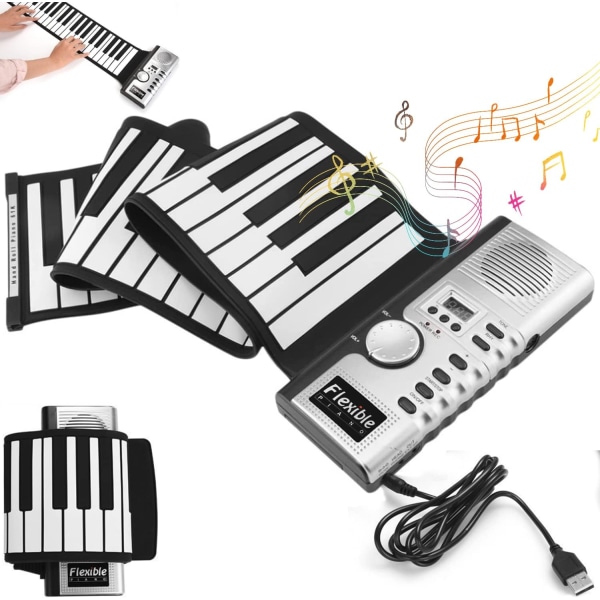 Roll Up Piano, 61 tangenter fleksibelt piano med 128 rytmer/100 toner/MIDI-utgang, bærbart klaviatur, dobbelt batteri og USB-drevet elektroni