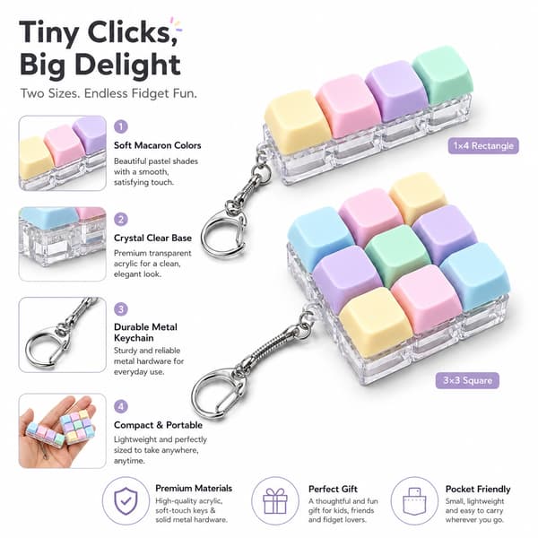 4 tai 9 näppäimen Push Pop -fidget-lelu – Macaron-värinen stressiä lievittävä avaimenperä