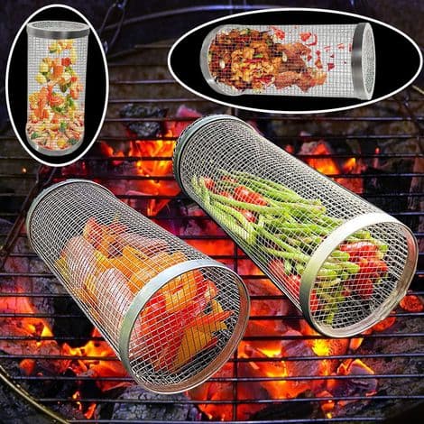 2 dele 20 cm grillkurv i rustfrit stål, rund grilltromle, roterende tromle, bærbart grillnet