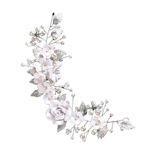 Hvit, hårranke bryllupsblomstermønster, med perler, brudehodebånd
