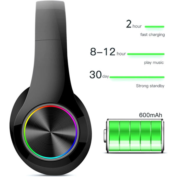 Over-Ear Bluetooth-hodetelefoner, sammenleggbare LED-stereohodetelefoner med innebygd mikrofon, støydempende trådløse (svart)