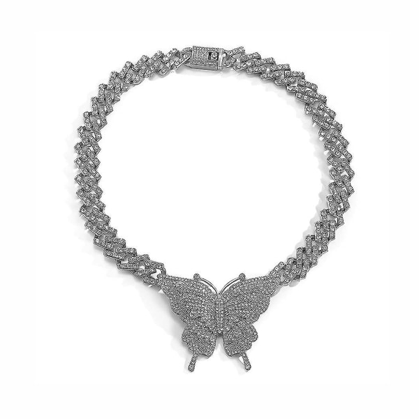 Chunky Crystal Choker Halsband Butterfly Hänge Halsband Kubansk länkkedja Glittrande Rhinestone Jewerly För kvinnor och flickor (guld)