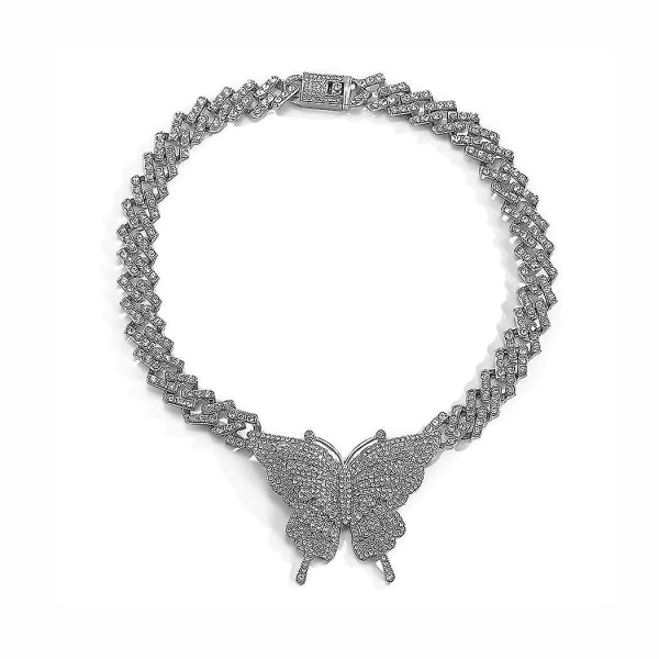 Chunky Crystal Choker Halskjede Butterfly Anheng Halskjeder Cuban Link Chain Sparkly Rhinestone Jewerly For kvinner og jenter (gull)