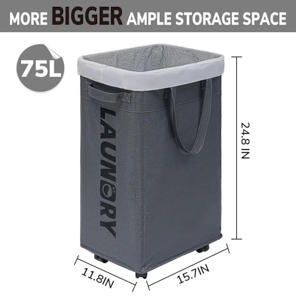 Laundry Basket with Wheels, 75L Foldable Large Laundry Hamper, Laundry Cart with Removable Laundry Bag for Laundry Room
