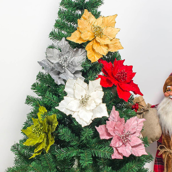 6-pack Glitter Konstgjorda Blommor för Julgran Dekoration Hem Bröllop Fest Gul
