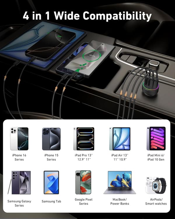 90W USB C Car Charger, 4-Port Dual 45W USB C A Car Adapter Multi PD QC Fast Charging Cigarette Lighter 12V Socket for iPhone Samsung Galaxy