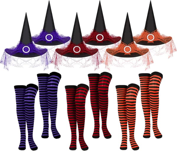 12 stk. Halloween heksehat stribede knæstrømper tilbehør | Lilla Rød