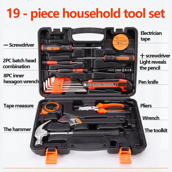 Værktøjssæt 19 stykker Universal husholdningshåndværktøjssæt med plastværktøjskasse Elektrikerværktøjsopbevaring Orange