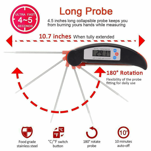 Mattermometer Elektronisk Timing Multifunksjonell Grilltermometer Svart Black