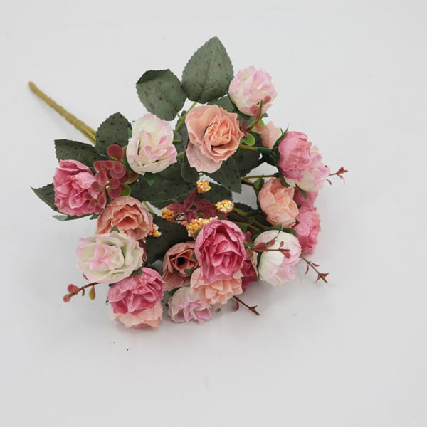 21 hoder kunstige blomsterbukett mini rose bryllup hjemmekontor dekor, pakke med 2 (2 STK rosa)