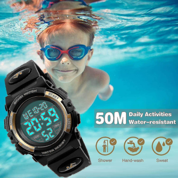Digital watch för barn för pojkar, flickor, pojke Vattentät Casual Elektronisk Analog Quartz 7 färgglad LED-klocka (guld)