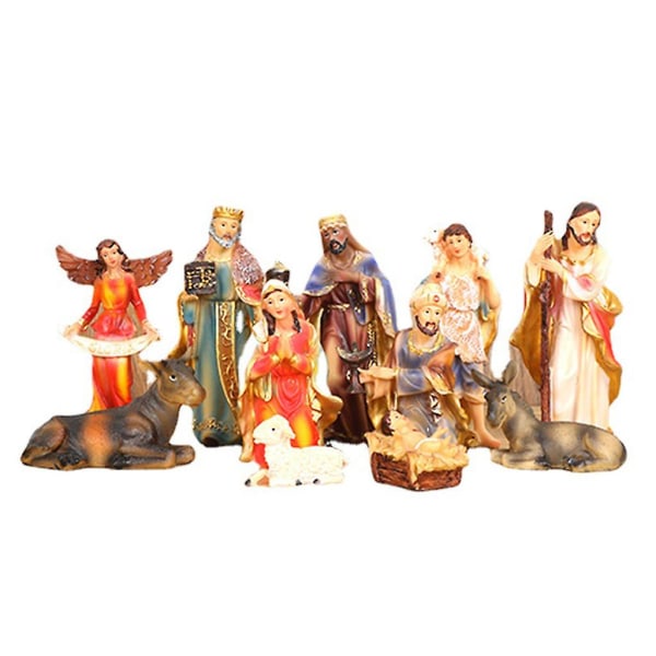 11 delar jul julkrubba staty set Heliga familjen Jesus baby staty med ängel bordsskiva samling dekoration