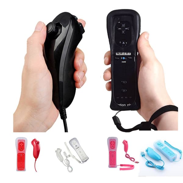 1 sett blå 2-i-1-kontroller for Wii, Nunchuck-kontroller, stropp