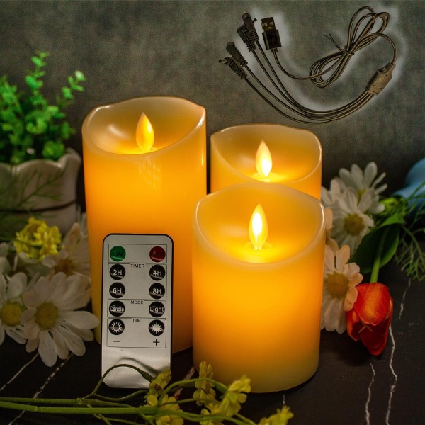 Rechargeable Flameless Candle, LED Pillar Real Wax Candle, Electronic Candle with Remote Control and Timer, USB Rechargeable Candle, Set of 3