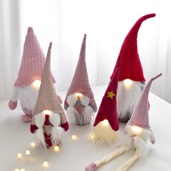 Jule-Nisse Ornament Håndlaget Svensk Tomte Dukke med LED-Lysende Nese Skandinavisk Nisse Ornament Rød