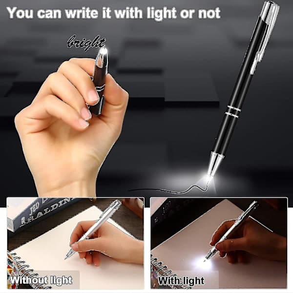 4 stk. lyse metal kuglepenne med LED-belysning, sorte