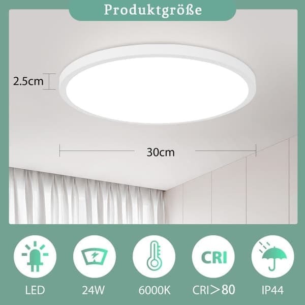 LED Ceiling Light 24W 30cm IP44 – White round flush mount for kitchen, bathroom, children's room