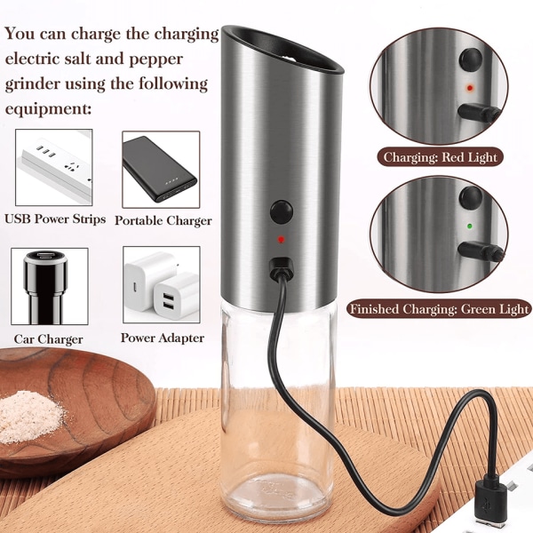 [Mest populære køkkengadgets] USB genopladelig elektrisk salt og peber, rustfrit stål peberkværn genopfyldelig, justerbar