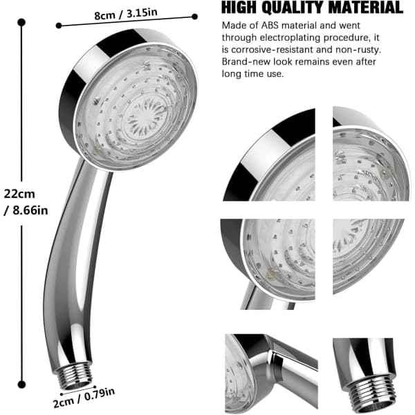 CQBB LED-brusehoved, lyshoved, let brusehoved, farvebrusehoved, LED-håndbruser, 7 farver Auto Change, Universal, Chrome_max-FM-