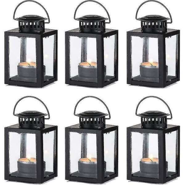 6 stk -svarte lanterner til stearinlys Hagelykter, hengende små lanterner i vintagestil til telys