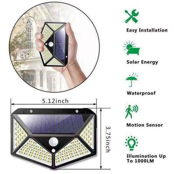 100 LED Solar Vegglampe Bevegelsessensor Vanntett Hagelampe