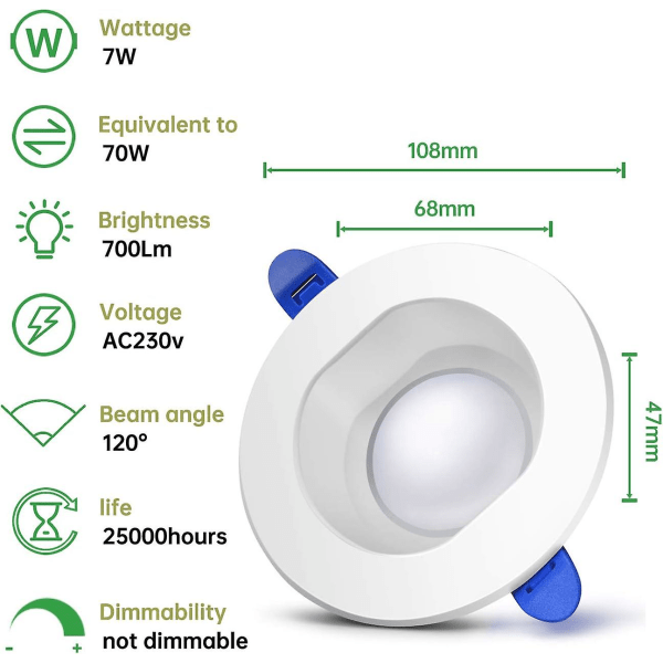 Sæt af 6 Neutralt Hvid LED Indbyggede Spotlights - Runde IP44 LED Badeværelses Spotlights til Badeværelse, Stue, Soveværelse, Køkken, Kontor, Gang