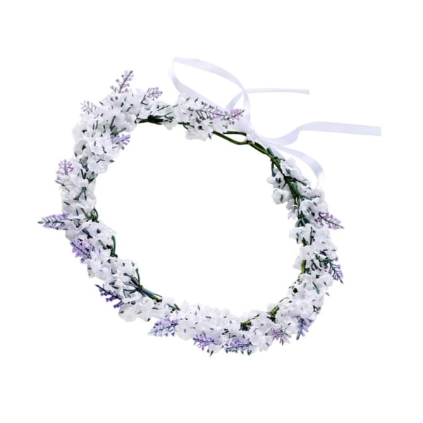 Lavender Flower Crown Floral Halo Hair Wreath Wedding Floral Headpiece with Ribbon for Women Girls Beach Vacation Wedding Birthday Party White