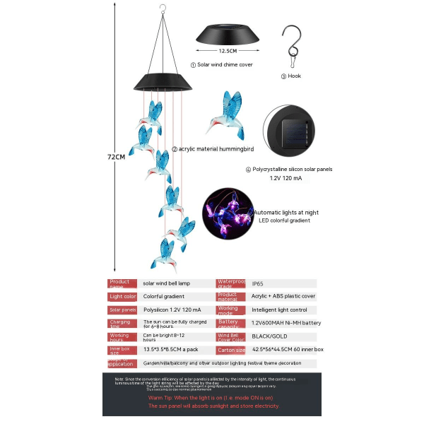 Solcelle-strenglys, Farveskiftende Solcelle-Kolibri-Vindklokker, LED Dekorativ Mobil, Vandafvisende Udendørs Strenglys til Terrasse, Balkon