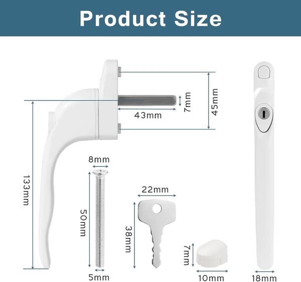 (White) 4 pieces lockable aluminum window handles, window handles with key, security handles for lockable windows and doors, 43 mm spindle length