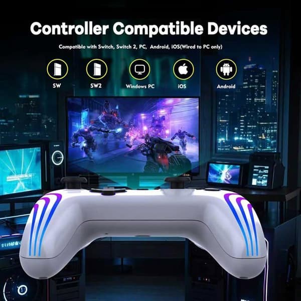 Trådløs Pro-controller til Switch/Switch 2/Lite/OLED/PC – Har 7-farvet RGB-belysning og dobbelt vibration, hvid