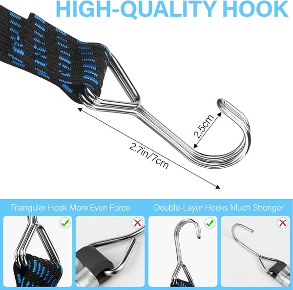 This set of 4 adjustable elastic cords with hooks is ideal for transporting goods, bicycles, etc.